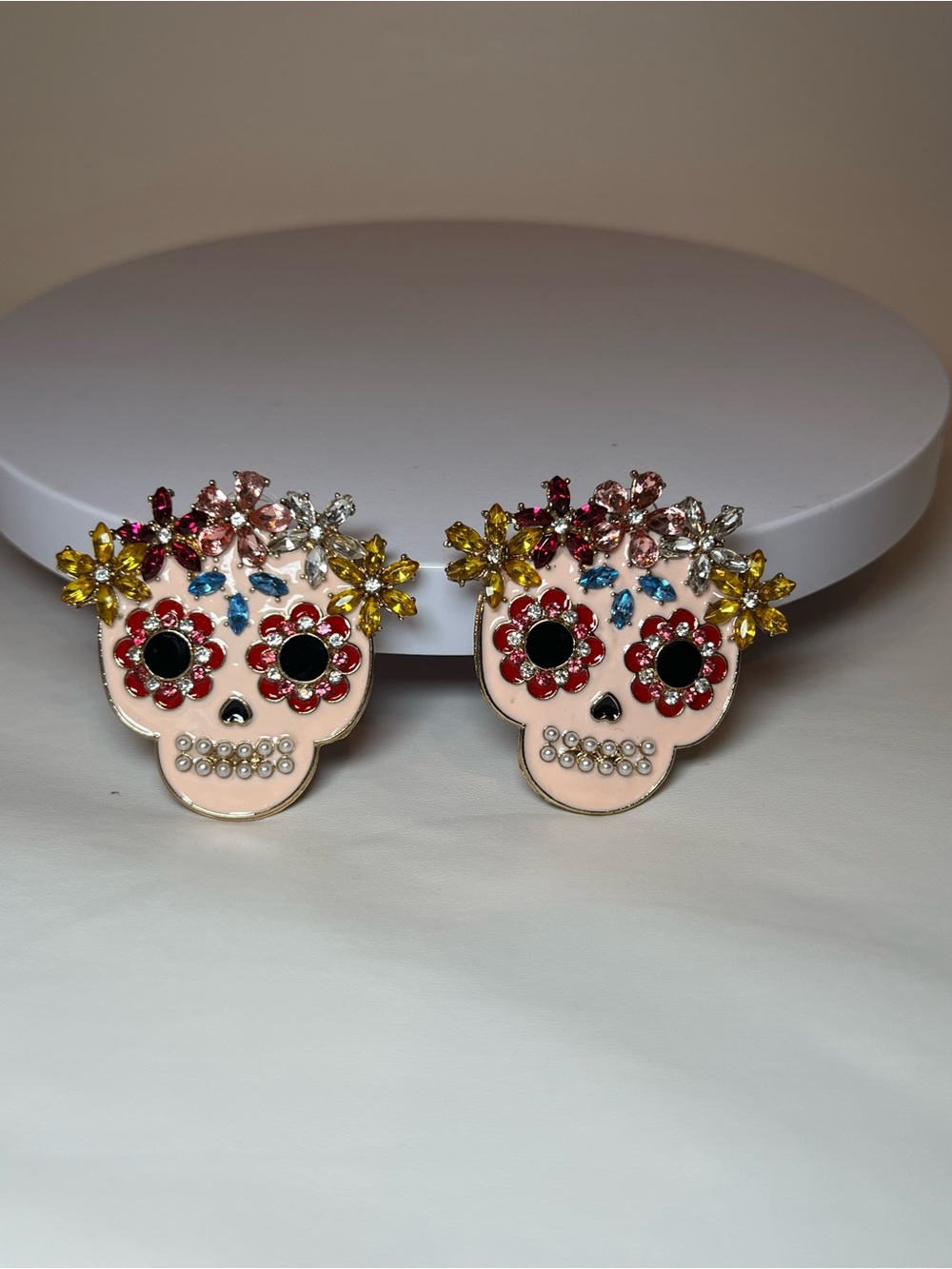 Halloween sugar skull pink enamel multicolor crystal faux pearl stud earrings